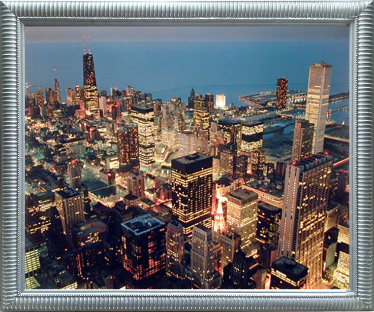 Chicago Skyline Framed Wall Decoration Nightscape City William Wilson Art Print Poster Picture (16x20) (Silver)