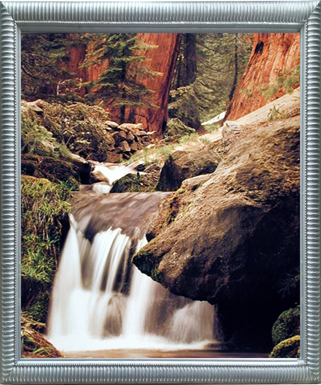 Impact Posters Gallery Redwood Waterfall (Silver) Framed Wall Decoration Art Print Forest Stream Scenery Poster