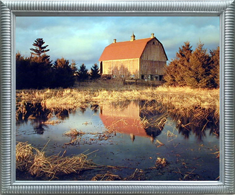 Barn and Field Lake Landscape Scenic Wall Decor Silver Picture Framed Art Print