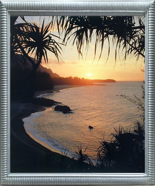 Framed Wall Decoration Tropical Sunset At Ocean Beach Scenery Silver Framed Picture Art Print