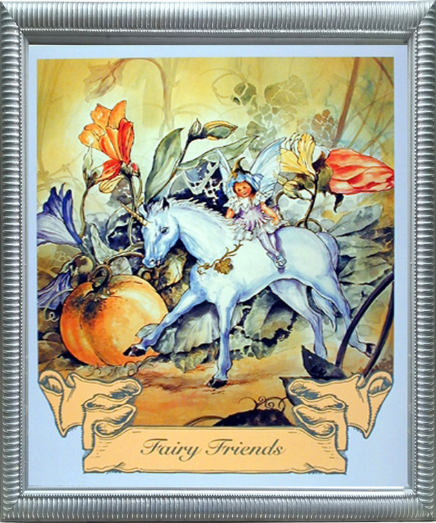 Impact Posters Gallery Fantasy Fairy and Unicorn Horse Friend Silver Wall Decor Framed Art Print Picture