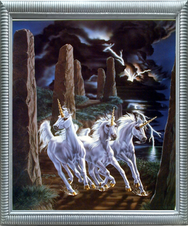 Impact Posters Gallery Mythical Unicorn White Horses Approaching Thunder Sue Dawe Fantasy Silver Art Print Framed Wall Decoration Picture (20x24)