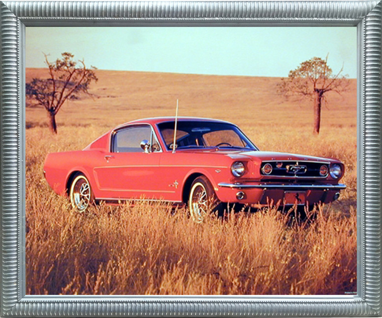 Framed Wall Decoration 1965 Red Ford Mustang Fastback Vintage Car Silver Picture Art Print (20x24)