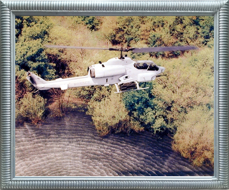 Aviation Framed Poster - AH-1W Super Cobra Marine Helicopter Aircraft Wall Decor Silver Picture Art Print