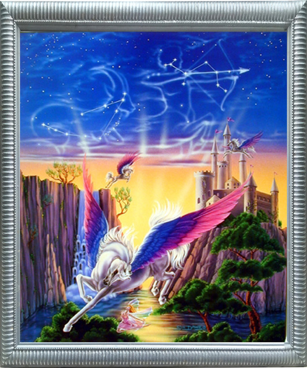 Framed Wall Decor Picture Mythical Pegasus horse Castle Sue Dawe Fantasy Kids Room Silver Art Print (20x24)