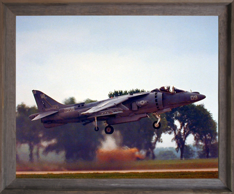Framed Wall Decoration Aviation Military Poster - AV-8 Harrier (Taking Off) Jet Aircraft Barnwood Framed Picture Art Print (19x23)