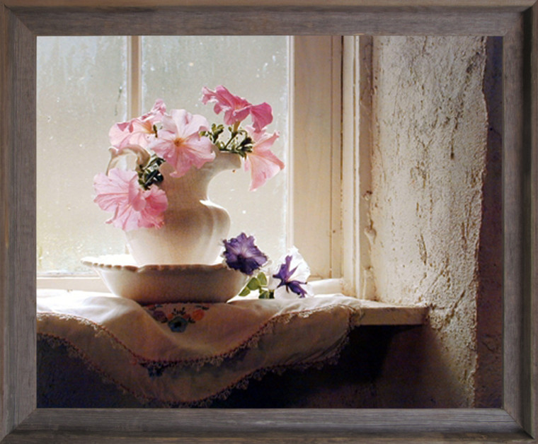 Framed Poster Wall Decoration Pink Flowers in Vase Window Country Petunias Floral Barnwood Picture Art Print (19x23)