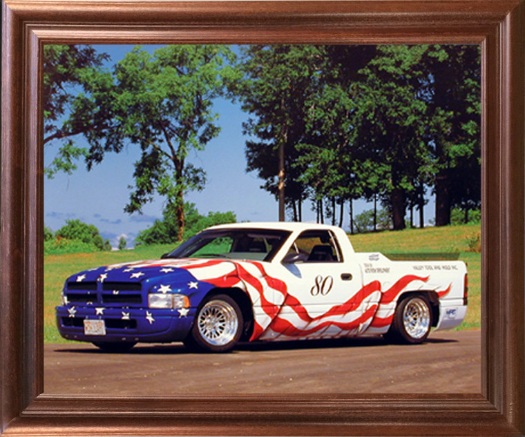 American Flag Dodge Harley Vintage Pickup Truck Wall Decor Mahogany Framed Picture Art Print (18x22)