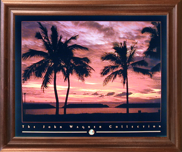 Framed Wall Decor Tropical Hawaiian Ocean Beach Sunset Palm Trees Scenery Mahogany Framed Picture Art Print