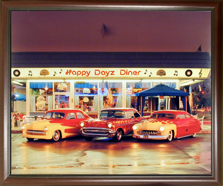 Bel Air 50's Framed Wall Decor Picture Happy Dayz Diner 57 Chevy Mercury Car Mahogany Art Print (18x22)