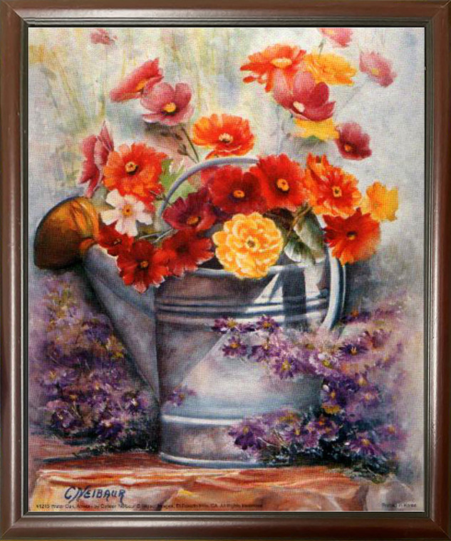 Still Life Framed Wall Decoration Water Can with Flowers Mahogany Picture Art Print Poster (20x24)