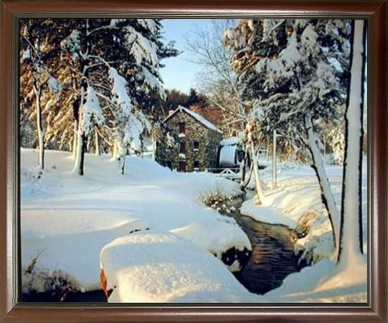 Framed Wall Decor Wayside Inn Mill - Winter Landscape Nature Scenery Mahogany Art Print Picture (20x24)