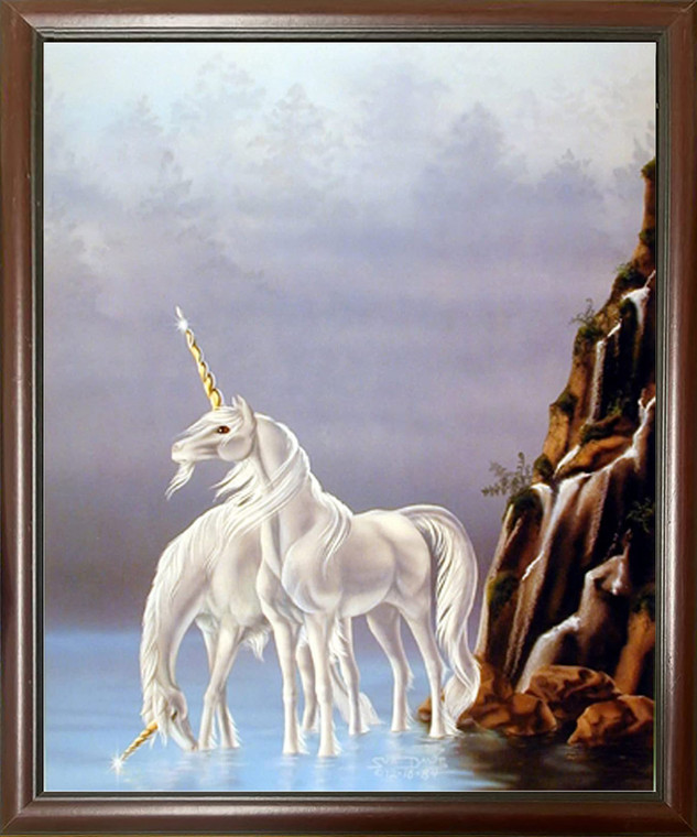 Impact Posters Gallery Early Silver Dawn Sci Fi Unicorn Fantasy Mythical Horse Kids Room Plain Mahogany Framed Wall Decoration Picture Art Print (20x24)