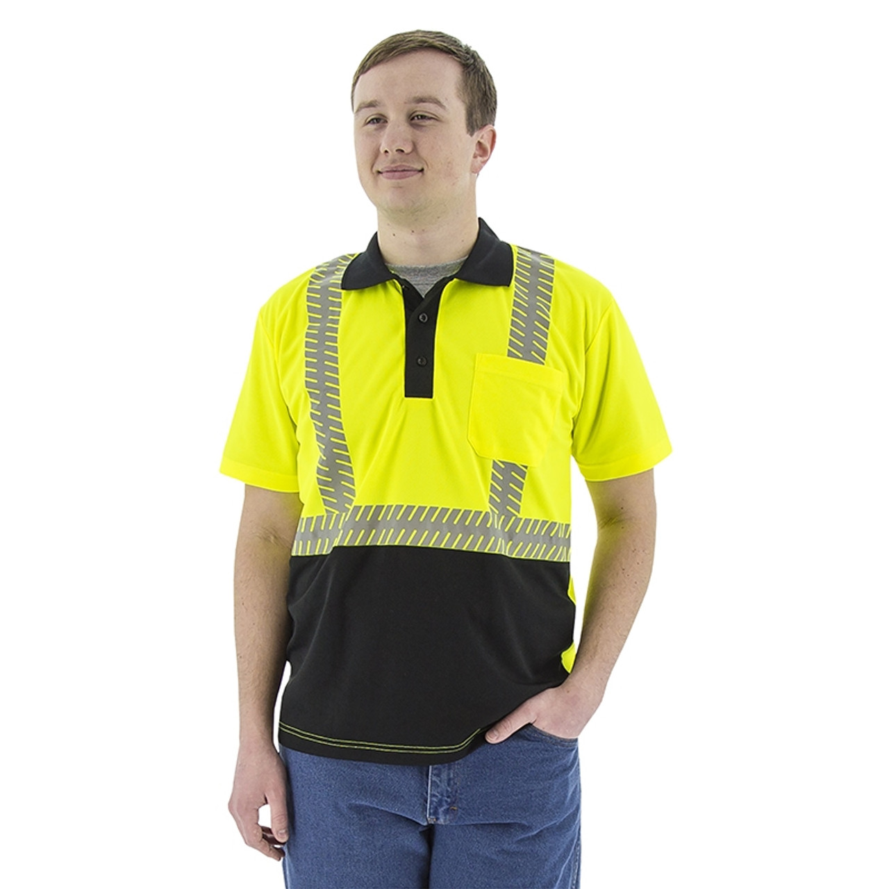 Neon Yellow 2XL High Visibility Reflective Safety Short Sleeve Polo Shirt Custom Your Logo Hi Vis Work-wear Shirt Reflective Stripes Yellow