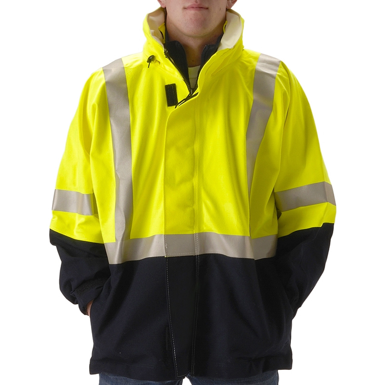 NASCO FR Class 3 Hi Vis Yellow Omega Flash Fire Arc Rated Made in USA Rain  Jacket 5503JNFY