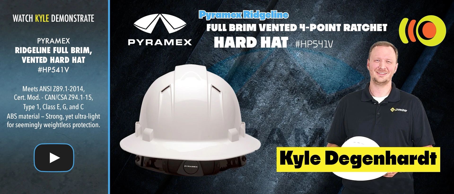Kyle demonstrates the Pyramex Ridgeline Full Brim Vented 4-Point Ratchet Hard Hats HP541V