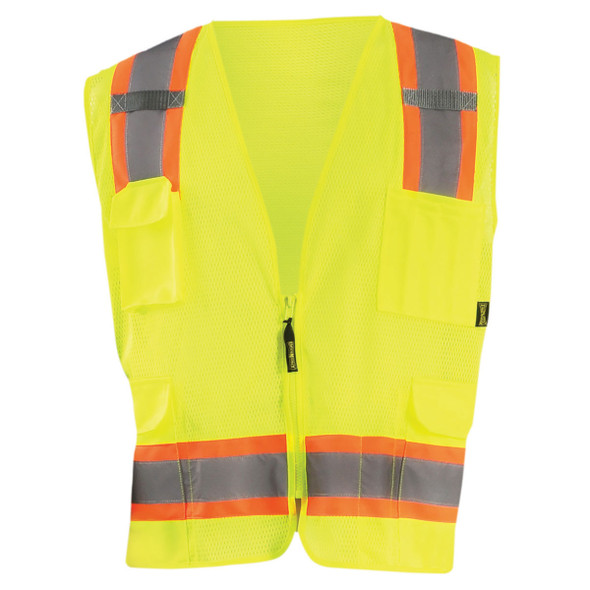 Occunomix Class 2 Hi Vis Two-Tone 10 Pocket Mesh Surveyor Vest ECO-ATRNSM Yellow Front