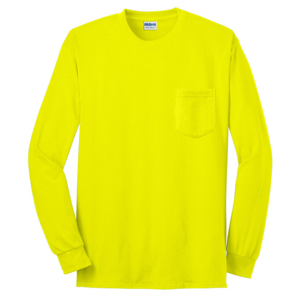 Gildan Enhanced Visibility Ultra Cotton Long Sleeve T-Shirt with Pocket 2410 Safety Green/Front
