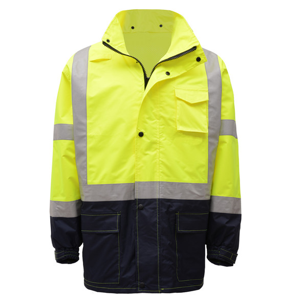 GSS Class 3 Hi Vis Lime Raincoat with Black Bottom 6003 Front