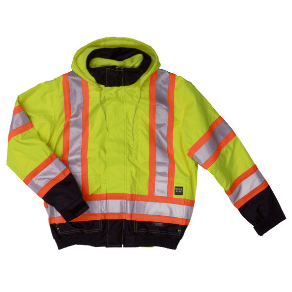 Tough Duck Class 3 Hi Vis X-Back Black Bottom Trim Bomber Jacket S413 Fluorescent Green Front