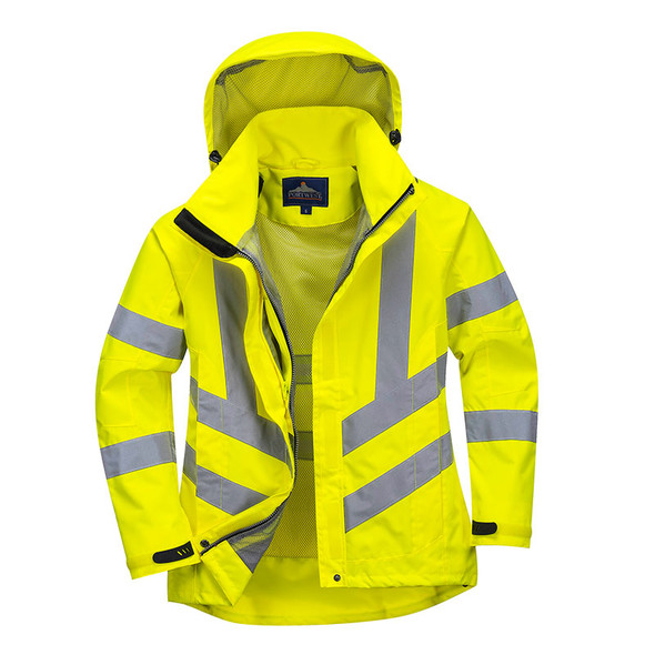PortWest Class 3 Hi Vis Yellow Ladies Breathable Jacket LW70 Front Unzipped PortWest Class 3 Hi Vis Yellow Ladies Breathable Jacket LW70 Front Unzipped