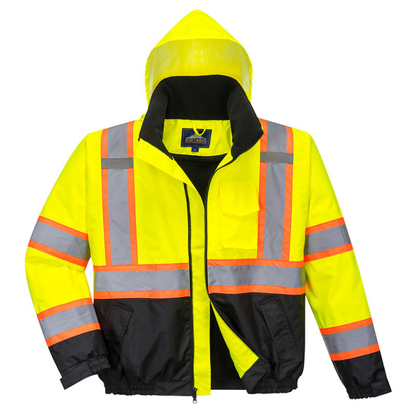 PortWest Class 3 Hi Vis 2-in-1 Two-Tone Black Bottom Bomber Jacket US367 with Hood