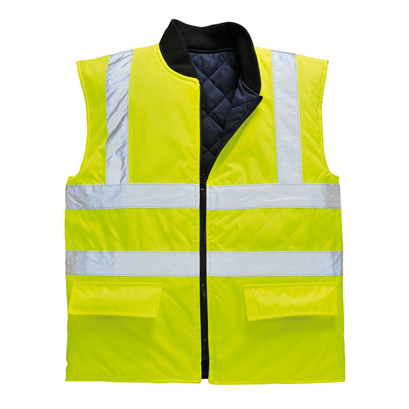 PortWest Class 2 Hi Vis Reversible Bodywarmer Vest US469 Yellow Front Unzipped