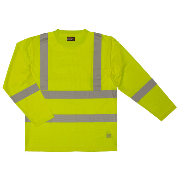 Tough Duck Class 3 Hi Vis X-Back Long Sleeve T-Shirt with Pocket and Segmented Tape ST081 Fluorescent Green Front