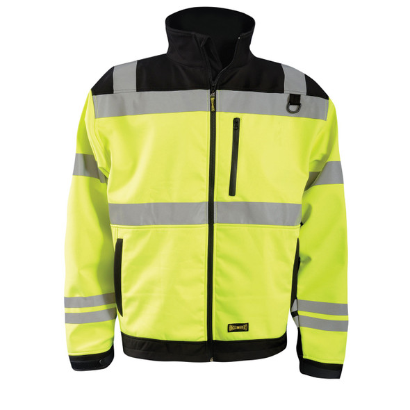 Occunomix Class 3 Hi Vis Yellow Soft Shell Jacket with Black Trim LUX-M6JKT Front Occunomix Class 3 Hi Vis Yellow Soft Shell Jacket with Black Trim LUX-M6JKT Front