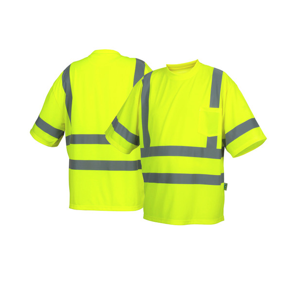 Pyramex Class 3 Hi Vis Lime Moisture Wicking T-Shirt with Chest Pocket RTS3410 Front/Back