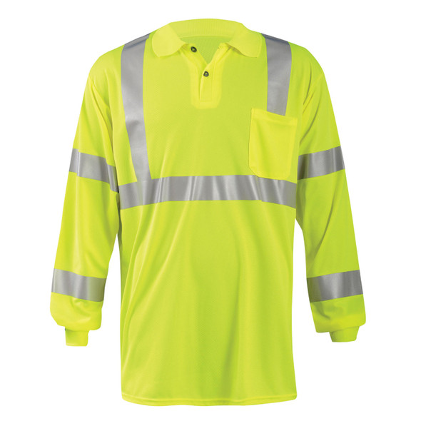 Occunomix Class 3 Hi Vis Moisture Wicking Long Sleeve Polo with Pocket LUX-LSPP3B Yellow Front Occunomix Class 3 Hi Vis Moisture Wicking Long Sleeve Polo with Pocket LUX-LSPP3B Yellow Front