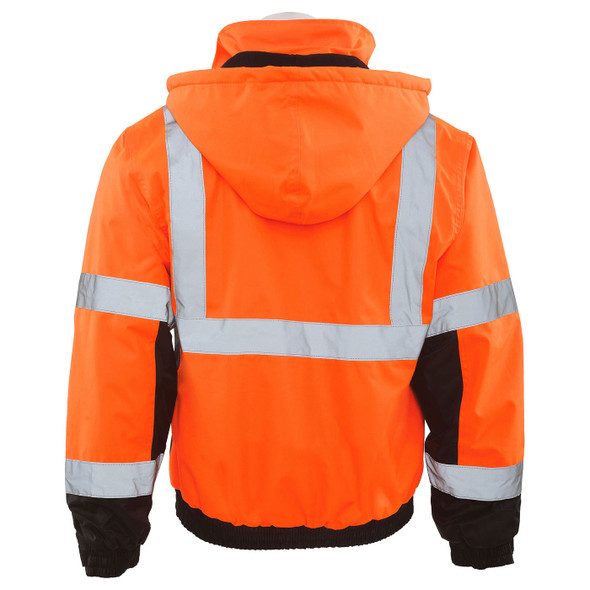 ERB Class 3 Hi Vis Orange Black Bottom Bomber Jacket with Storm Flap and Hood W106-O Back