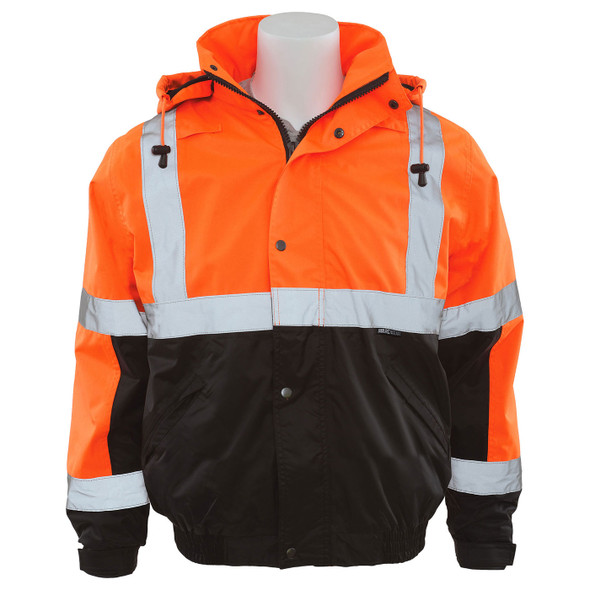 ERB Class 3 Hi Vis Orange Black Bottom Bomber Jacket with Storm Flap and Hood W106-O Front