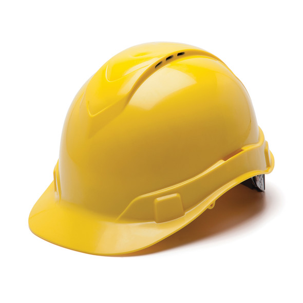 Pyramex Hi Vis Ridgeline Cap Style Vented 4-Point Ratchet Hard Hats HP44130V Yellow Front Angled