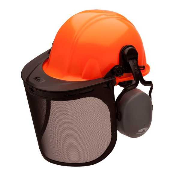 Pyramex Ridgeline Orange Forestry Kit with Cap Style Hard Hat Face Shield and Earmuff FORKIT41 Mask Down