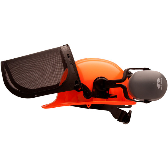 Pyramex Ridgeline Orange Forestry Kit with Cap Style Hard Hat Face Shield and Earmuff FORKIT41 Mask Up Profile
