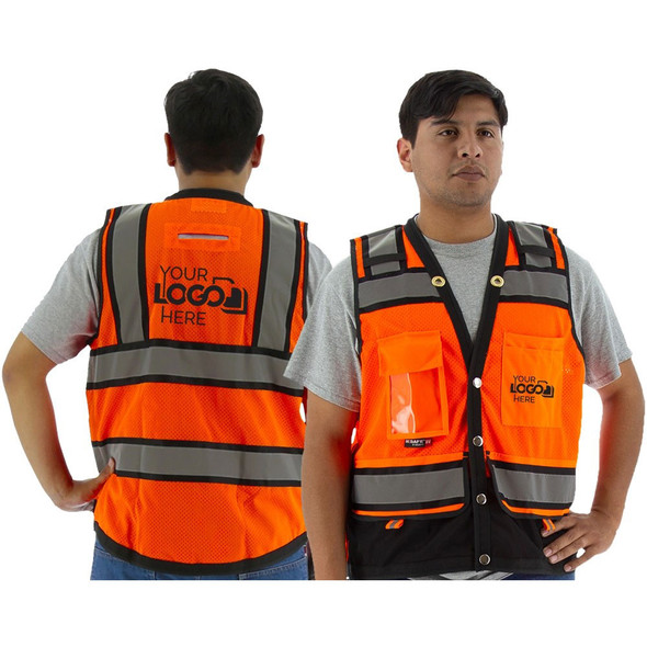 Majestic Class 2 Hi Vis Orange Heavy Duty Surveyors Vest with Contrasting Trim 75-3238 Back with Printing Areas