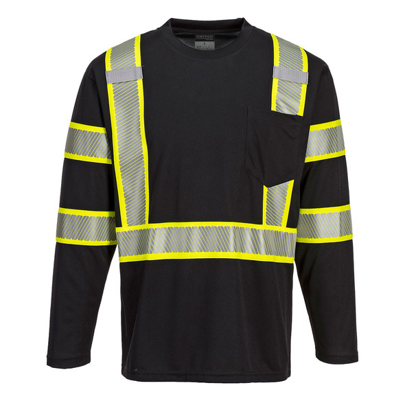 PortWest Enhanced Visibility Black Iona Long Sleeve T-Shirt with Pocket S346 Front