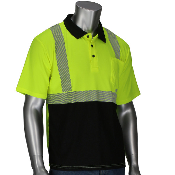 PIP ANSI Type R Class 2 Polo Shirt with Performance Moisture Control Fabric and Black Bottom Front 312-1610B
