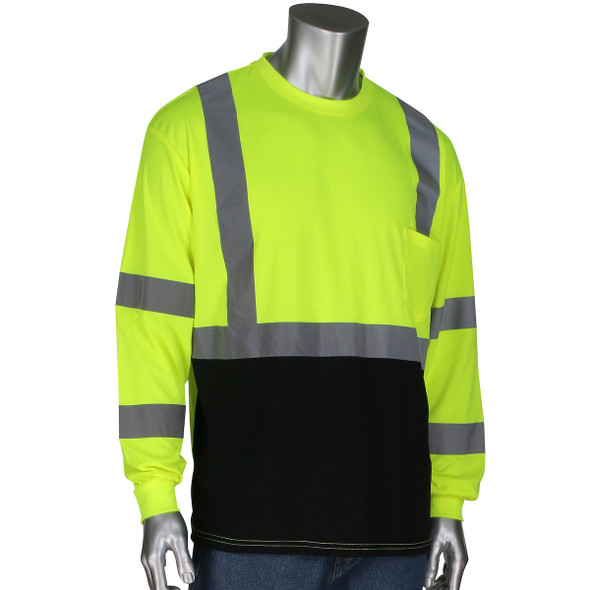 The PIP 313-1390B is an ANSI Type R Class 3 Long Sleeve T-Shirt with 50+ UPF Sun Protection and Black Bottom Front.