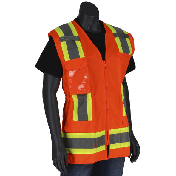 The PIP 302-0512 is an ANSI Type R Class 2 Women's Contoured Two-Tone Eleven Pocket Surveyors Vest with Solid Front and Mesh Back. 