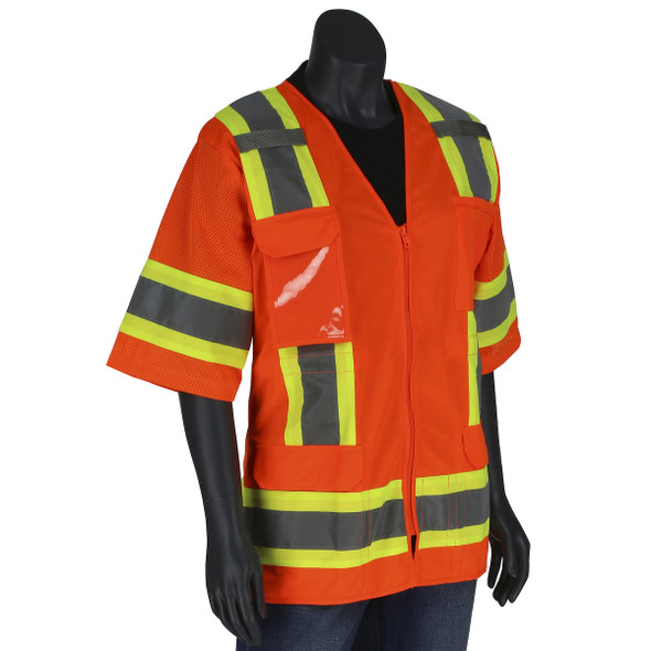 PIP ANSI Type R Class 3 Women's Contoured Two-Tone Eleven Pocket Surveyors Vest with Solid Front and Mesh Back 303-0513