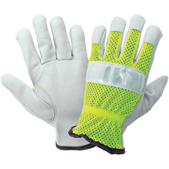 Global Glove Hi Vis Mesh Back Premium Goatskin Leather Palm Drivers 3100GHV - pair