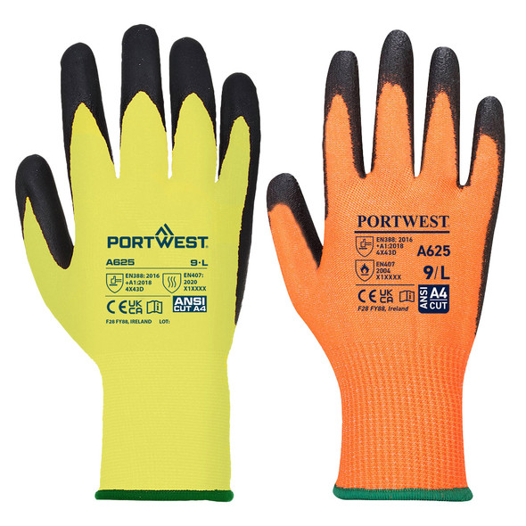 Portwest Cut D13 PU Viz-Tex Glove A4 Orange-Yellow-Black A625