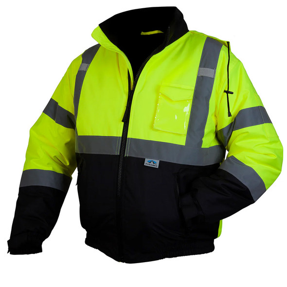 Pyramex Class 3 Hi Vis Lime Black Bottom Weatherproof Bomber Jacket Quilted Liner RJ3210 Front