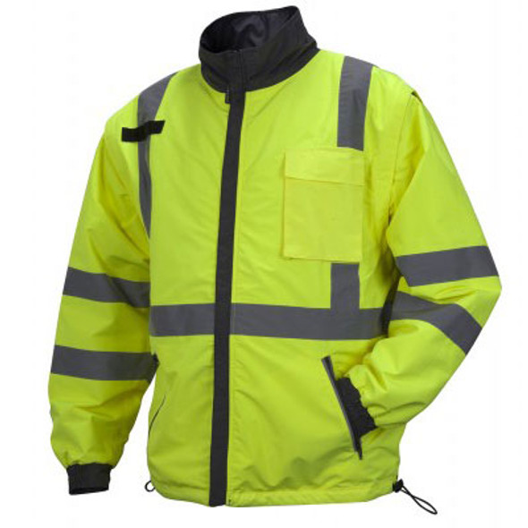 Pyramex Class 3 Hi Vis Lime Weather Resistant 4-in-1 Reversible Jacket with Zip Off Sleeves RJR3410 Jacket Front Pyramex Class 3 Hi Vis Lime Weather Resistant 4-in-1 Reversible Jacket with Zip Off Sleeves RJR3410 Jacket Front