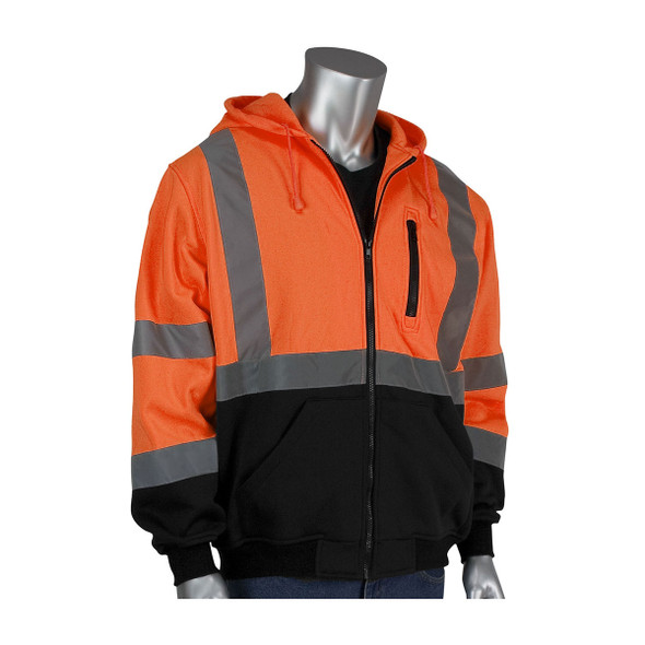 PIP Class 3 Hi Vis Full Zip Hooded Sweatshirt with Black Bottom 323-1370B Orange Front