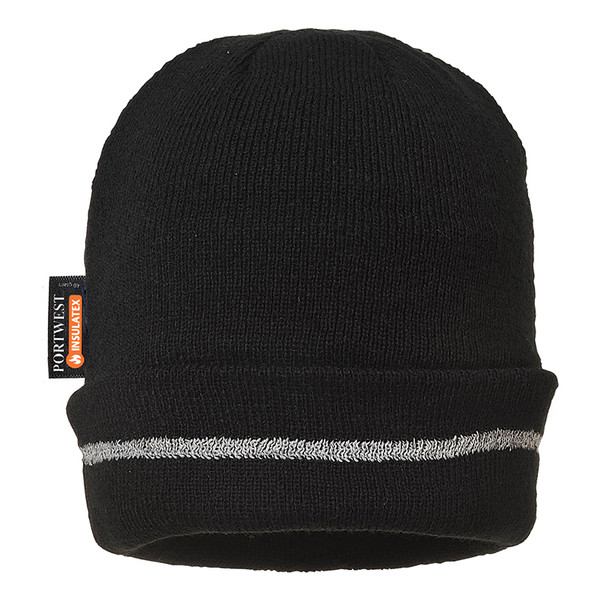 PortWest Reflective Trim Visibility Insulatex Lined Knit Hat B023 Black