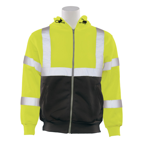 ERB Class 3 Hi Vis Lime Black Bottom Zip-Front Hooded Sweatshirt W375B Front
