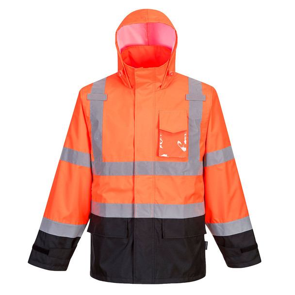 PortWest Class 3 Hi Vis Orange Black Bottom Rain Jacket US366OBR with Hood